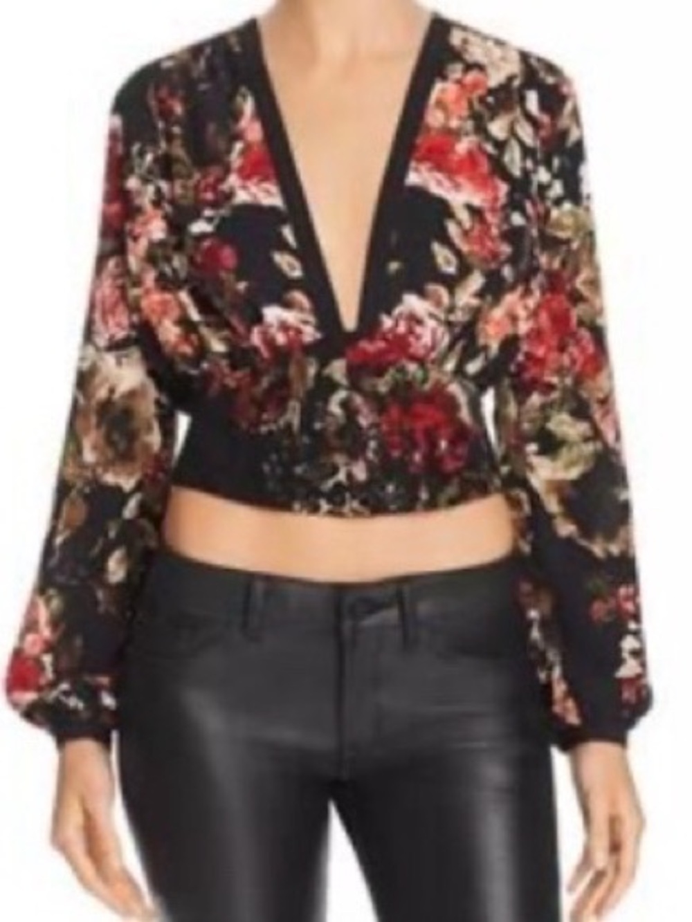 Divine Heritage Revolve Floral Printed Crop Long Sleeve Top Size XS Lace V-Neck